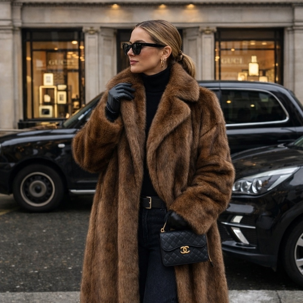 Dark Brown faux fur jacket luxury coat mid length plush